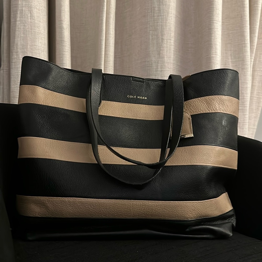 Leather Cole Haan Black and Cream Striped Tote